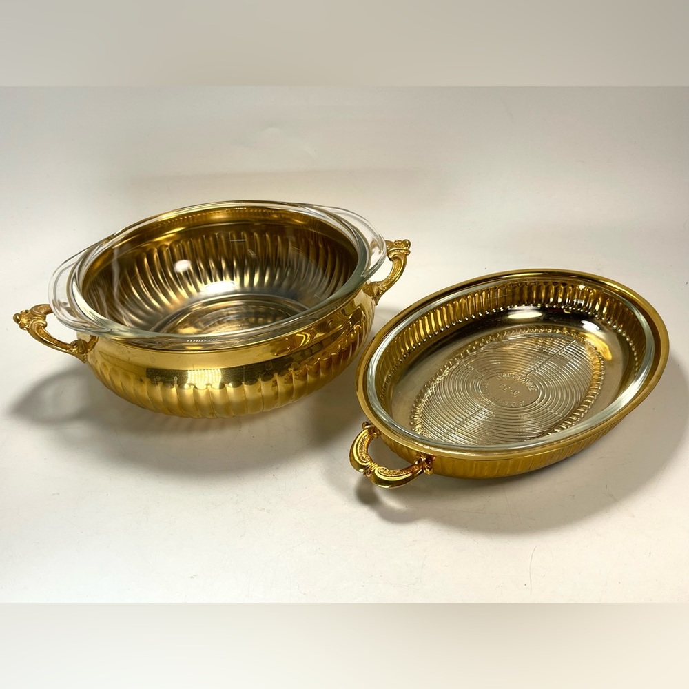 2 Vtg L'heure D'or By VA USA Gold Plated Serving Dishes W/ Pyrex Glass Inserts